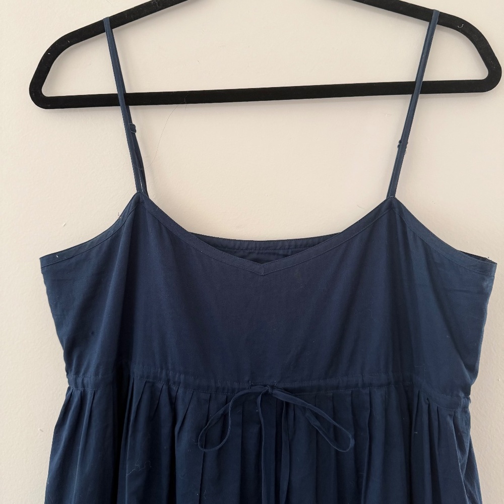 NWOT DKNY Cotton Poplin Navy Strappy Sundress Tiered Lined Tie Cinch Front Midi - Picture 2 of 9